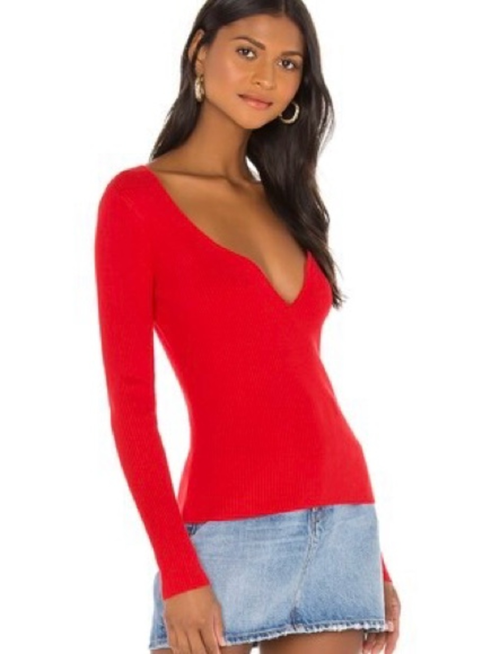 Lovers + Friends Darren V-Neck Ribbed Long-Sleeve Fitted Sweater Women Medium